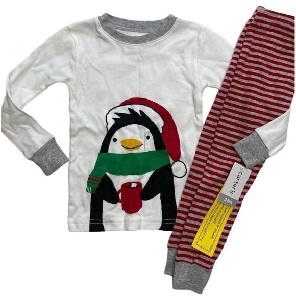 Kids Carters Holiday Penguin Pajama Red Green Set Boys Girl 24 Month - Picture 2 of 7